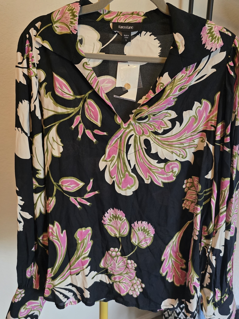 Karen Kane Black Floral Button-Front Blouse with Pink & Green Print